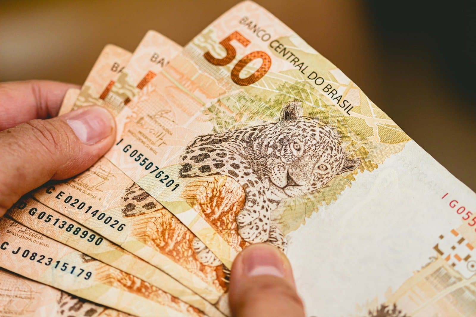 NF Paulista: uma pessoa está segurando notas de cinquenta reais.