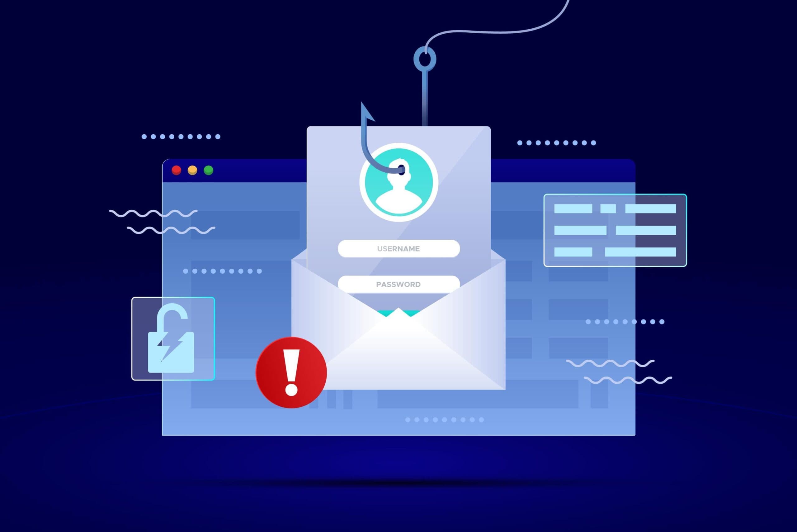 Desenho de envelope com um anzol puxando o conteúdo (phishing)