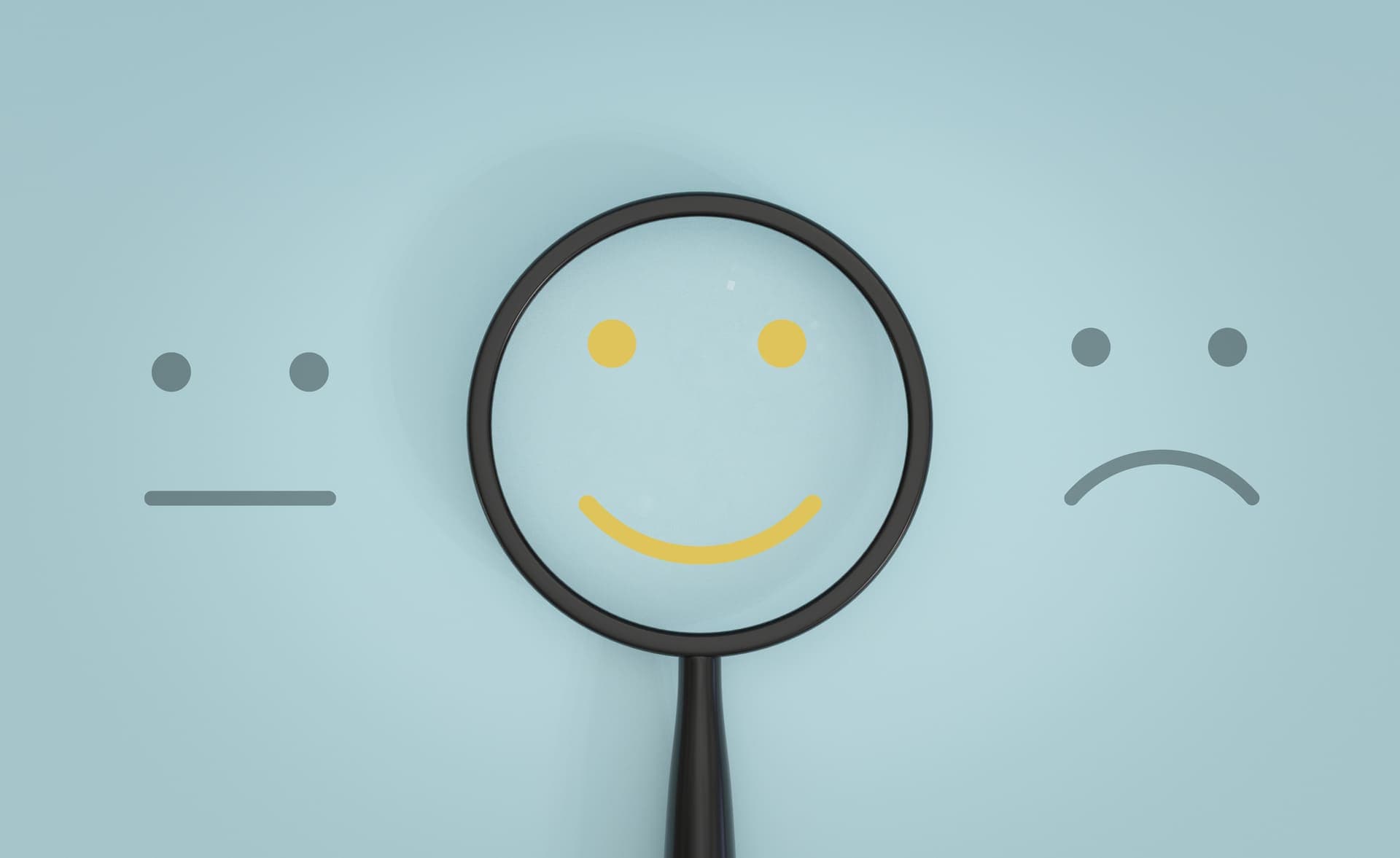 Cadastro Positivo: desenho amarelo de rosto com sorriso e uma lupa dando destaque. À esquerda um desenho de rosto indiferente e à direita um rosto triste.
