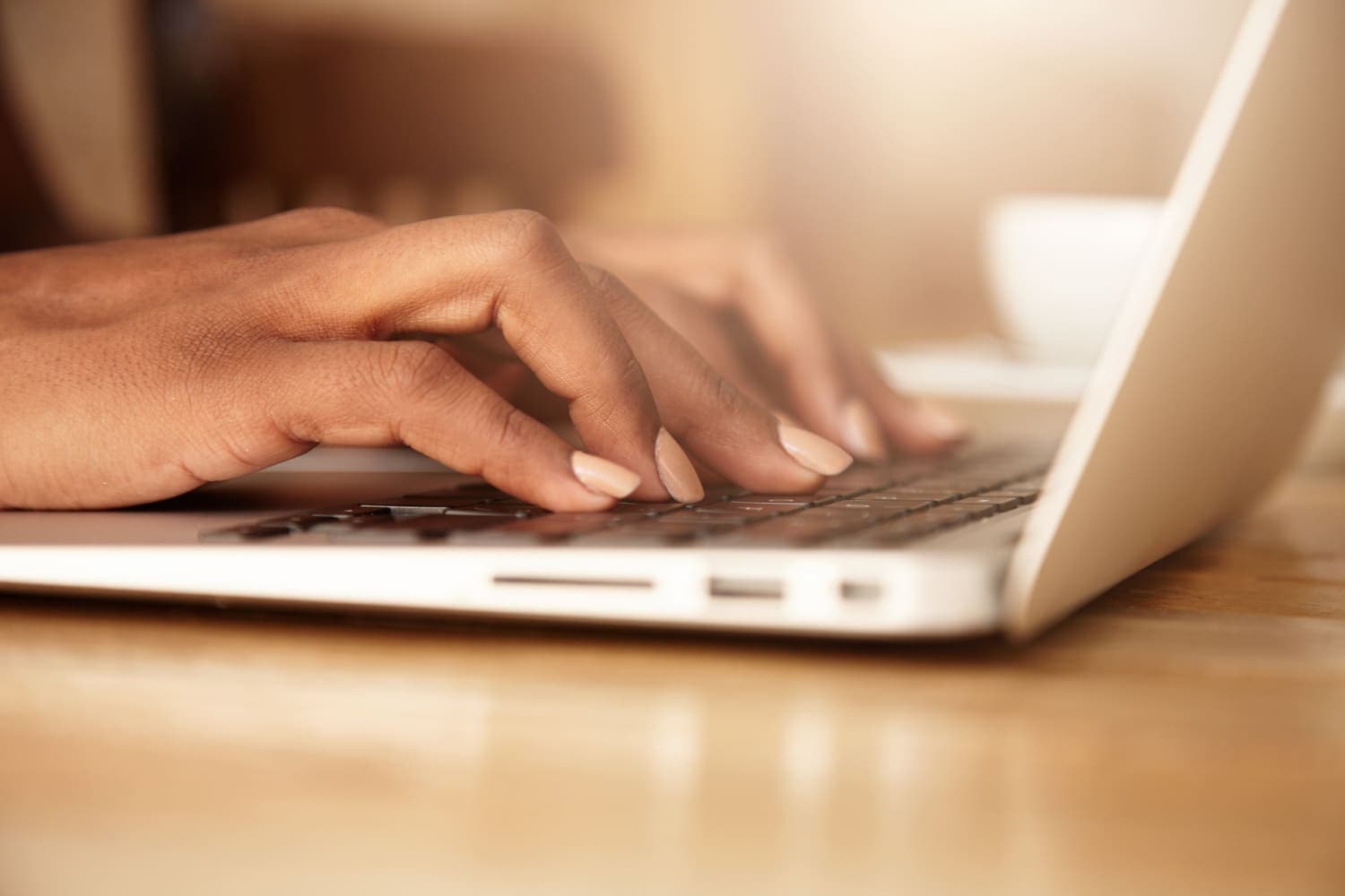 Senha da conta gov.br: Uma mulher está digitando em um notebook.