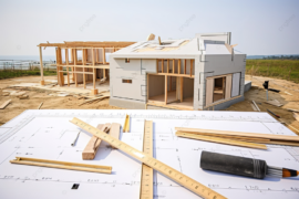 Comprar terreno ou casa pronta: imagem mostra a miniatura de uma casa em construção. Ao lado há ferramentas para criação do projeto, como réguas, caneta e caderno.