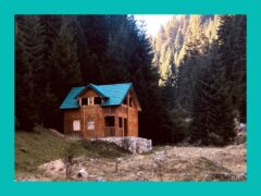 Home equity: foto de uma casa de madeira, em meio a colinas.