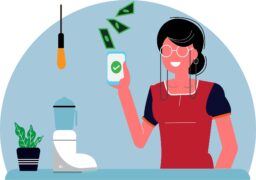 animação de mulher segurando celular jogando dinheiro (cashback por pagamento de boleto)